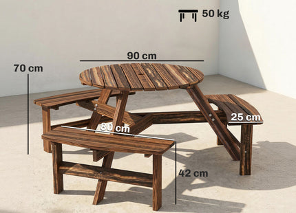 Outsunny Wooden Garden Dining Set, 6 Seater Round Dining Picnic Table with Matching Bench, Garden Furniture Set with Parasol Hole for Outdoor Patio Party and Family Gatherings, Carbonized