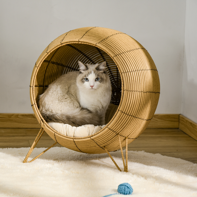 PawHut Wicker Cat Bed Elevated Rattan w/ Soft Cushion