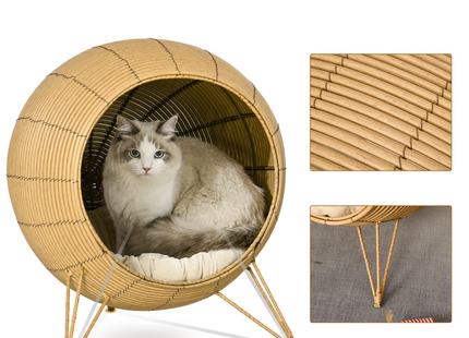 PawHut Wicker Cat Bed Elevated Rattan w/ Soft Cushion