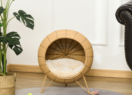 PawHut Wicker Cat Bed Elevated Rattan w/ Soft Cushion