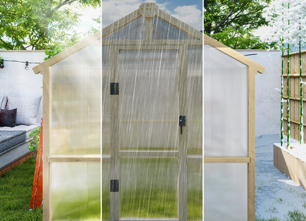 Outsunny 6.6 x 6ft Polycarbonate Greenhouse, Walk-in Wooden Greenhouse with Lockable Door and Window, Garden Plants Grow House, Brown