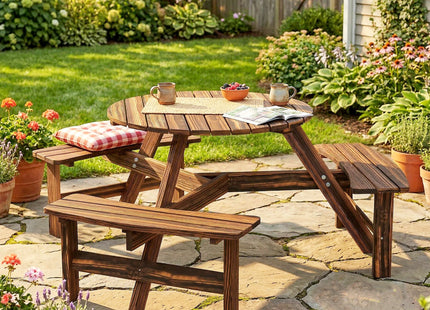 Outsunny Wooden Garden Dining Set, 6 Seater Round Dining Picnic Table with Matching Bench, Garden Furniture Set with Parasol Hole for Outdoor Patio Party and Family Gatherings, Carbonized