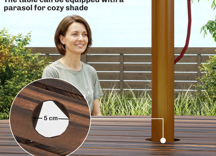 Outsunny Wooden Garden Dining Set, 6 Seater Round Dining Picnic Table with Matching Bench, Garden Furniture Set with Parasol Hole for Outdoor Patio Party and Family Gatherings, Carbonized