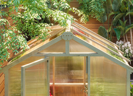 Outsunny 6.6 x 6ft Polycarbonate Greenhouse, Walk-in Wooden Greenhouse with Lockable Door and Window, Garden Plants Grow House, Brown