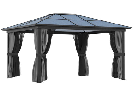 Outsunny 3.6 x 4m Hardtop Gazebo Canopy with Polycarbonate Roof, Aluminium Frame, Permanent Pavilion Garden Gazebo with Netting and Curtains for Patio, Deck, Dark Grey