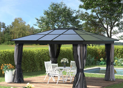 Outsunny 3.6 x 4m Hardtop Gazebo Canopy with Polycarbonate Roof, Aluminium Frame, Permanent Pavilion Garden Gazebo with Netting and Curtains for Patio, Deck, Dark Grey