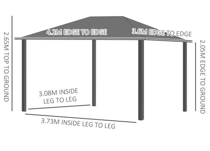 Outsunny 3.6 x 4m Hardtop Gazebo Canopy with Polycarbonate Roof, Aluminium Frame, Permanent Pavilion Garden Gazebo with Netting and Curtains for Patio, Deck, Dark Grey