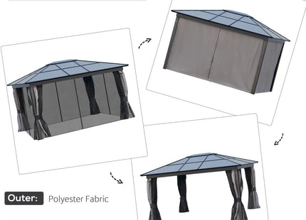 Outsunny 3.6 x 4m Hardtop Gazebo Canopy with Polycarbonate Roof, Aluminium Frame, Permanent Pavilion Garden Gazebo with Netting and Curtains for Patio, Deck, Dark Grey