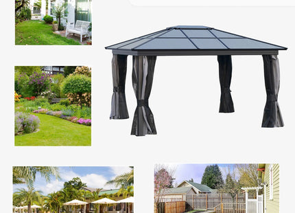 Outsunny 3.6 x 4m Hardtop Gazebo Canopy with Polycarbonate Roof, Aluminium Frame, Permanent Pavilion Garden Gazebo with Netting and Curtains for Patio, Deck, Dark Grey