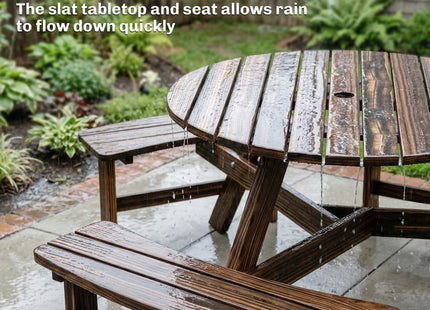 Outsunny Wooden Garden Dining Set, 6 Seater Round Dining Picnic Table with Matching Bench, Garden Furniture Set with Parasol Hole for Outdoor Patio Party and Family Gatherings, Carbonized