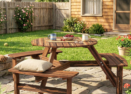 Outsunny Wooden Garden Dining Set, 6 Seater Round Dining Picnic Table with Matching Bench, Garden Furniture Set with Parasol Hole for Outdoor Patio Party and Family Gatherings, Carbonized