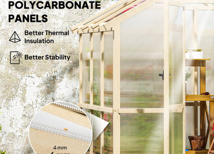 Outsunny 6.6 x 6ft Polycarbonate Greenhouse, Walk-in Wooden Greenhouse with Lockable Door and Window, Garden Plants Grow House, Brown