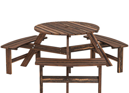Outsunny Wooden Garden Dining Set, 6 Seater Round Dining Picnic Table with Matching Bench, Garden Furniture Set with Parasol Hole for Outdoor Patio Party and Family Gatherings, Carbonized