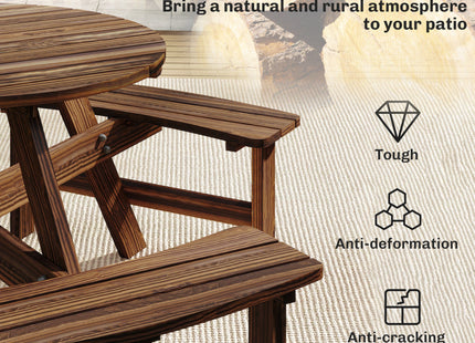 Outsunny Wooden Garden Dining Set, 6 Seater Round Dining Picnic Table with Matching Bench, Garden Furniture Set with Parasol Hole for Outdoor Patio Party and Family Gatherings, Carbonized