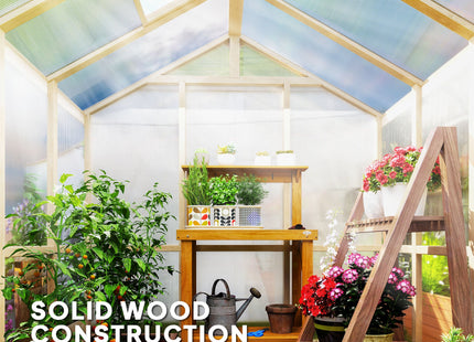 Outsunny 6.6 x 6ft Polycarbonate Greenhouse, Walk-in Wooden Greenhouse with Lockable Door and Window, Garden Plants Grow House, Brown