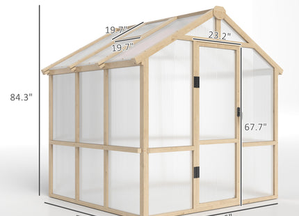 Outsunny 6.6 x 6ft Polycarbonate Greenhouse, Walk-in Wooden Greenhouse with Lockable Door and Window, Garden Plants Grow House, Brown