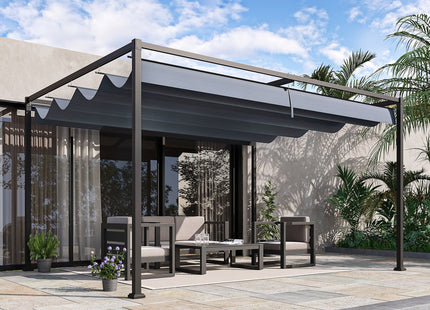 Outsunny 4 x 3(m) Metal Outdoor Pergola with Retractable Roof, Outdoor Gazebo Canopy Shelter with Drainage Holes for Garden, Patio, Lawn, Grey