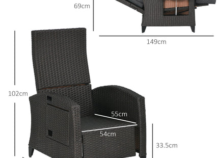 Outsunny Outdoor Recliner Chair with Adjustable Backrest and Footrest, Cushion, Side Tray, Grey