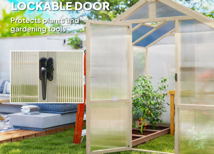 Outsunny 6.6 x 6ft Polycarbonate Greenhouse, Walk-in Wooden Greenhouse with Lockable Door and Window, Garden Plants Grow House, Brown