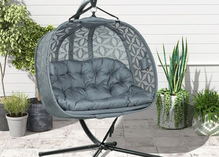 Outsunny Double Hanging Swing Chair w/ Stand & Cup Holders, Charcoal Grey