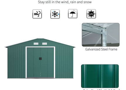 Durable Green Metal Storage Shed with Vent & Doors - 13ft x 11ft