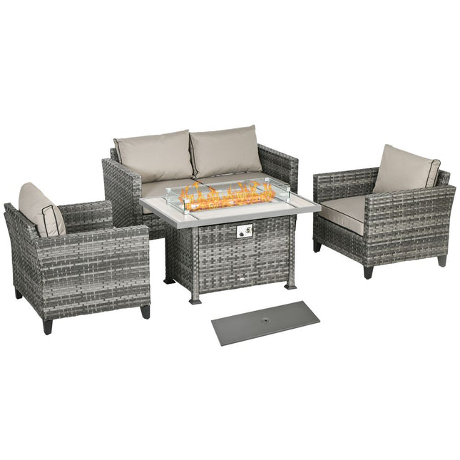 Outsunny 5PC Rattan Garden Set with Gas Fire Pit Table
