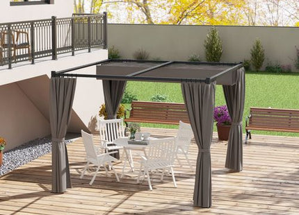 Outsunny 3 x 3(m) Pergola with Retractable Roof and Curtains, Light Grey