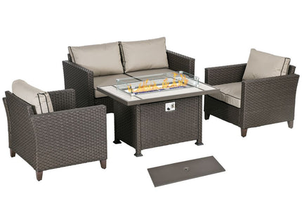 Outsunny 5PC Rattan Garden Set with Gas Fire Pit Table