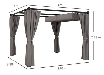 Outsunny 3 x 3(m) Pergola with Retractable Roof and Curtains, Light Grey