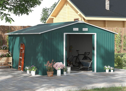 Durable Green Metal Storage Shed with Vent & Doors - 13ft x 11ft