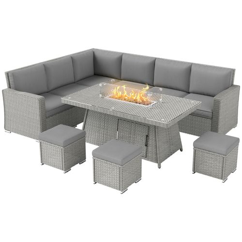 Outsunny 7 Pieces Rattan Garden Furniture Set w/ 50,000 BTU Gas Fire Pit Table