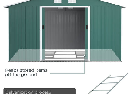 Durable Green Metal Storage Shed with Vent & Doors - 13ft x 11ft