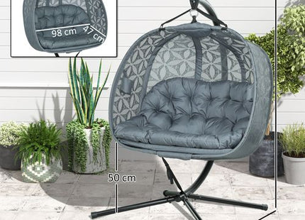 Outsunny Double Hanging Swing Chair w/ Stand & Cup Holders, Charcoal Grey