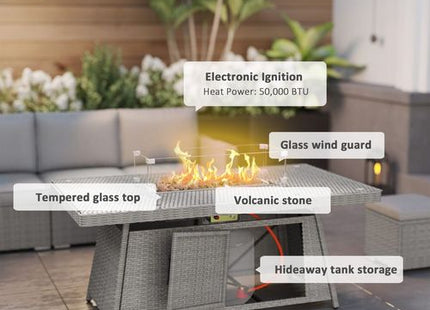 Outsunny 7 Pieces Rattan Garden Furniture Set w/ 50,000 BTU Gas Fire Pit Table