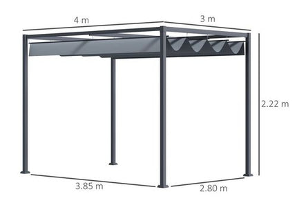 Outsunny 4 x 3(m) Metal Outdoor Pergola with Retractable Roof, Outdoor Gazebo Canopy Shelter with Drainage Holes for Garden, Patio, Lawn, Grey