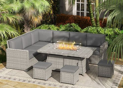 Outsunny 7 Pieces Rattan Garden Furniture Set w/ 50,000 BTU Gas Fire Pit Table