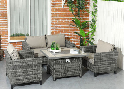 Outsunny 5PC Rattan Garden Set with Gas Fire Pit Table