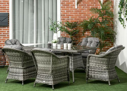 Outsunny 7 Pieces Rattan Dining Sets w/ Tempered Glass Umbrella Hole Table