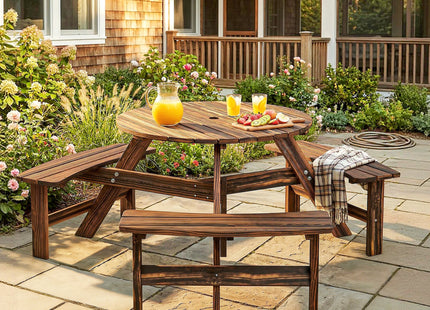 Outsunny Wooden Garden Dining Set, 6 Seater Round Dining Picnic Table with Matching Bench, Garden Furniture Set with Parasol Hole for Outdoor Patio Party and Family Gatherings, Carbonized