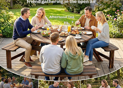 Outsunny Wooden Garden Dining Set, 6 Seater Round Dining Picnic Table with Matching Bench, Garden Furniture Set with Parasol Hole for Outdoor Patio Party and Family Gatherings, Carbonized