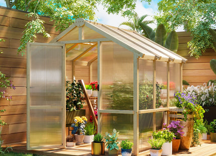 Outsunny 6.6 x 6ft Polycarbonate Greenhouse, Walk-in Wooden Greenhouse with Lockable Door and Window, Garden Plants Grow House, Brown